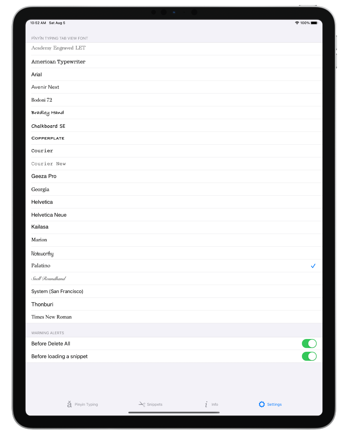 Screenshot: iPad; Settings tab view, Palatino font selected