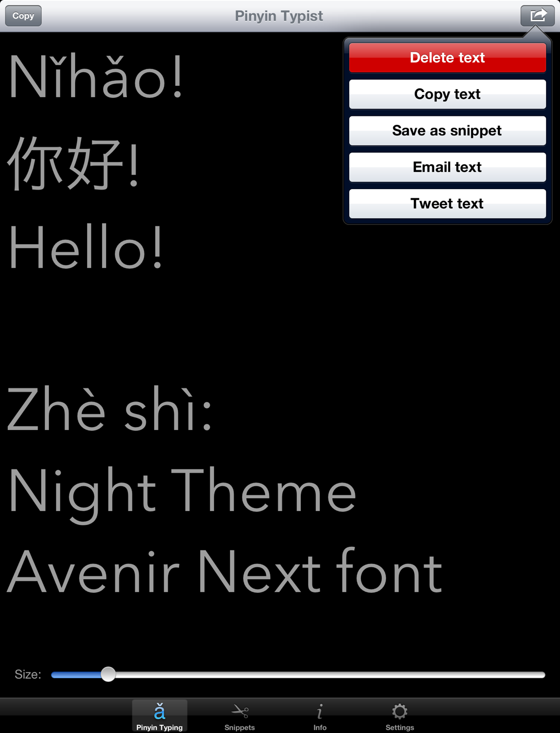 Screenshot: “Nǐhǎo” in Pinyin, characters, and English; Pinyin Typing tab view menu; Settings: Night Theme, Avenir Next font