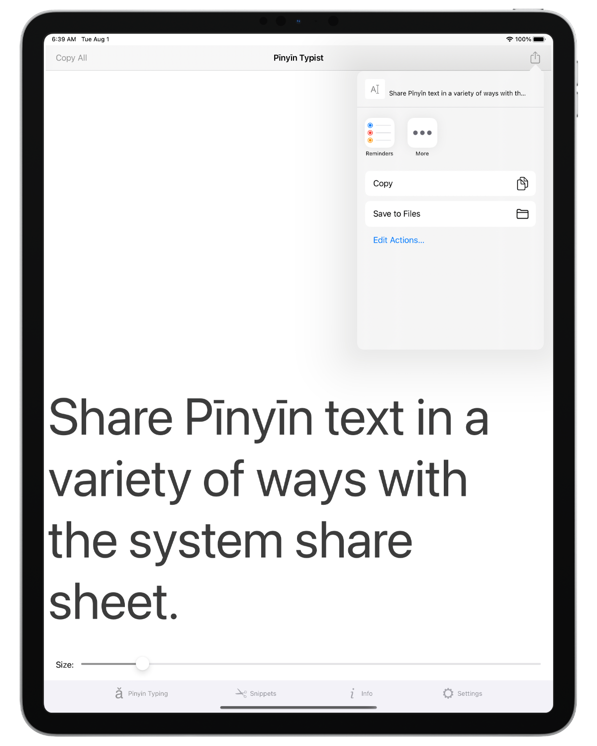 Screenshot: iPad; sharing with the system share sheet; System (San Francisco) font