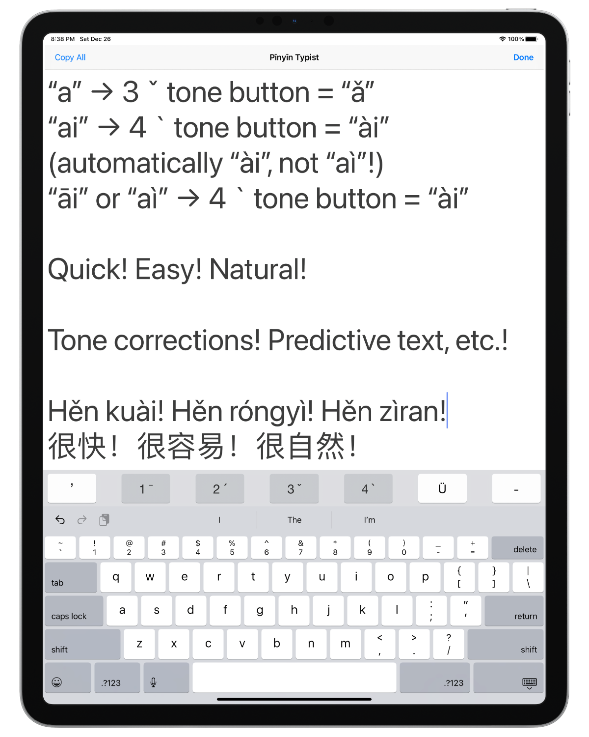 Screenshot: iPad; Intro; keyboard; System (San Francisco) font