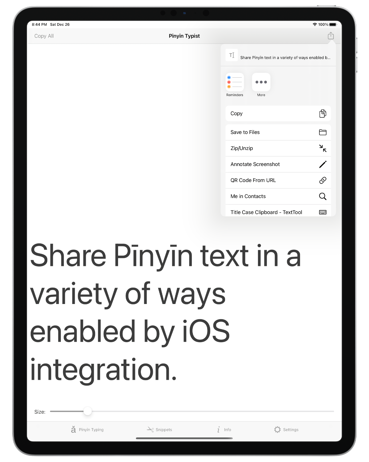 Screenshot: iPad; iOS-integrated sharing; System (San Francisco) font