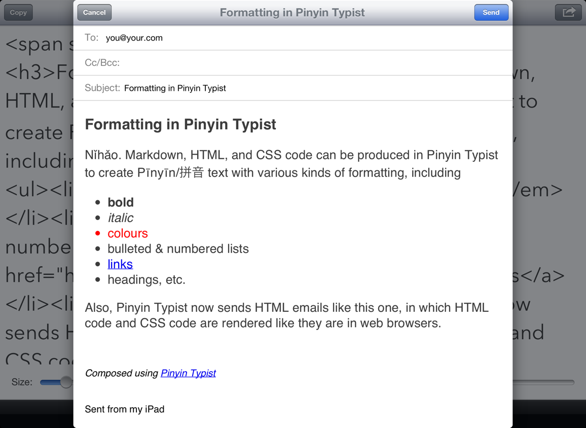 Screenshot: Formatting with Markdown, HTML, CSS, etc. code; HTML emails