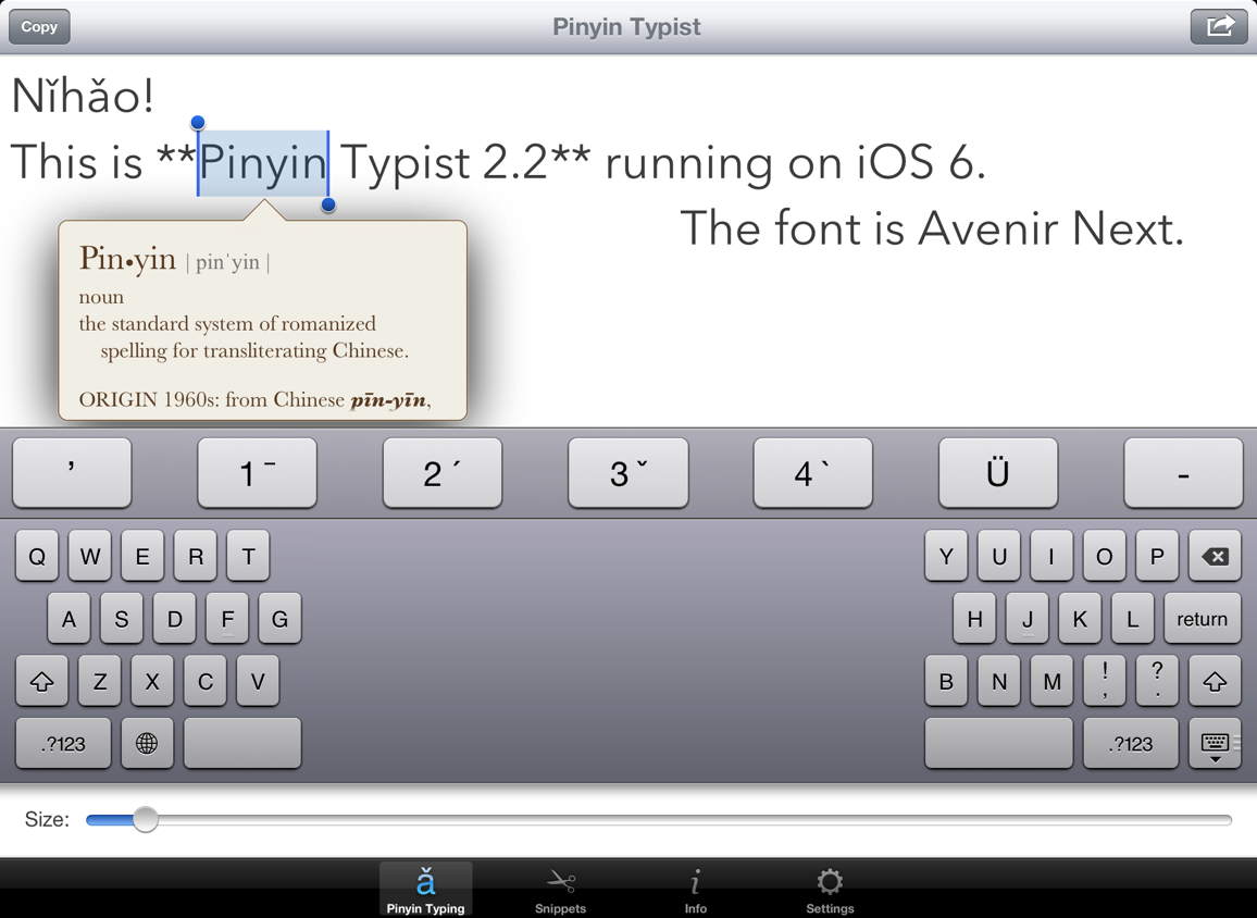 Screenshot: “Nǐhǎo” in Pinyin, with split keyboard and definition popup (landscape orientation); Avenir Next font