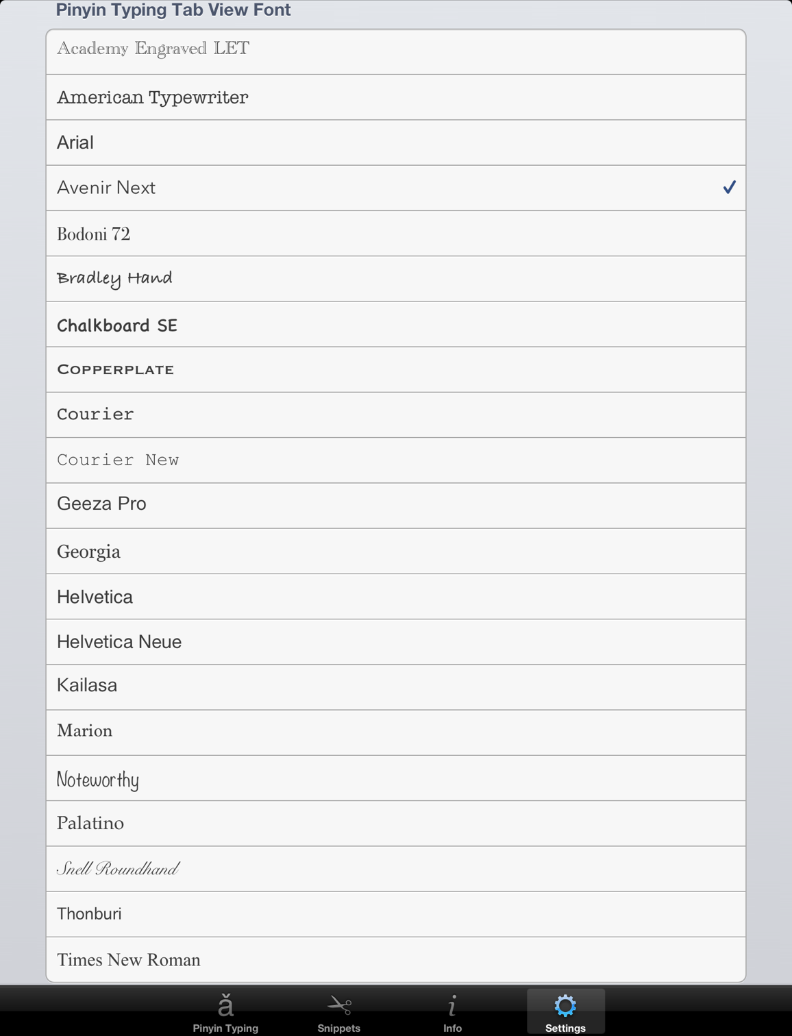 Screenshot: Settings tab view (fonts on iOS 6)