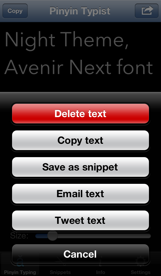 Screenshot: Pinyin Typing tab view menu; Night Theme, Avenir Next font