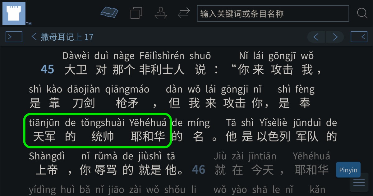 “tiānjūn de Tǒngshuài Yēhéhuá” in 1 Samuel 17:45 (NWT (nwtsty), WOL CHS+Pinyin)