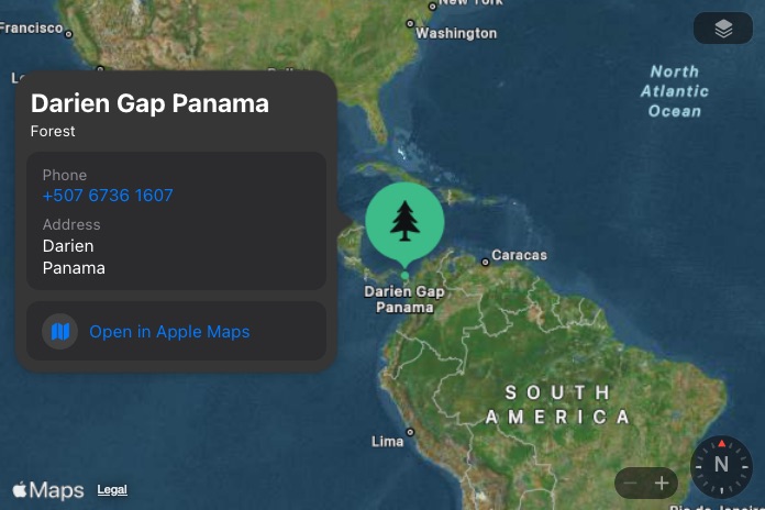 Screenshot of a map showing the Darién Gap