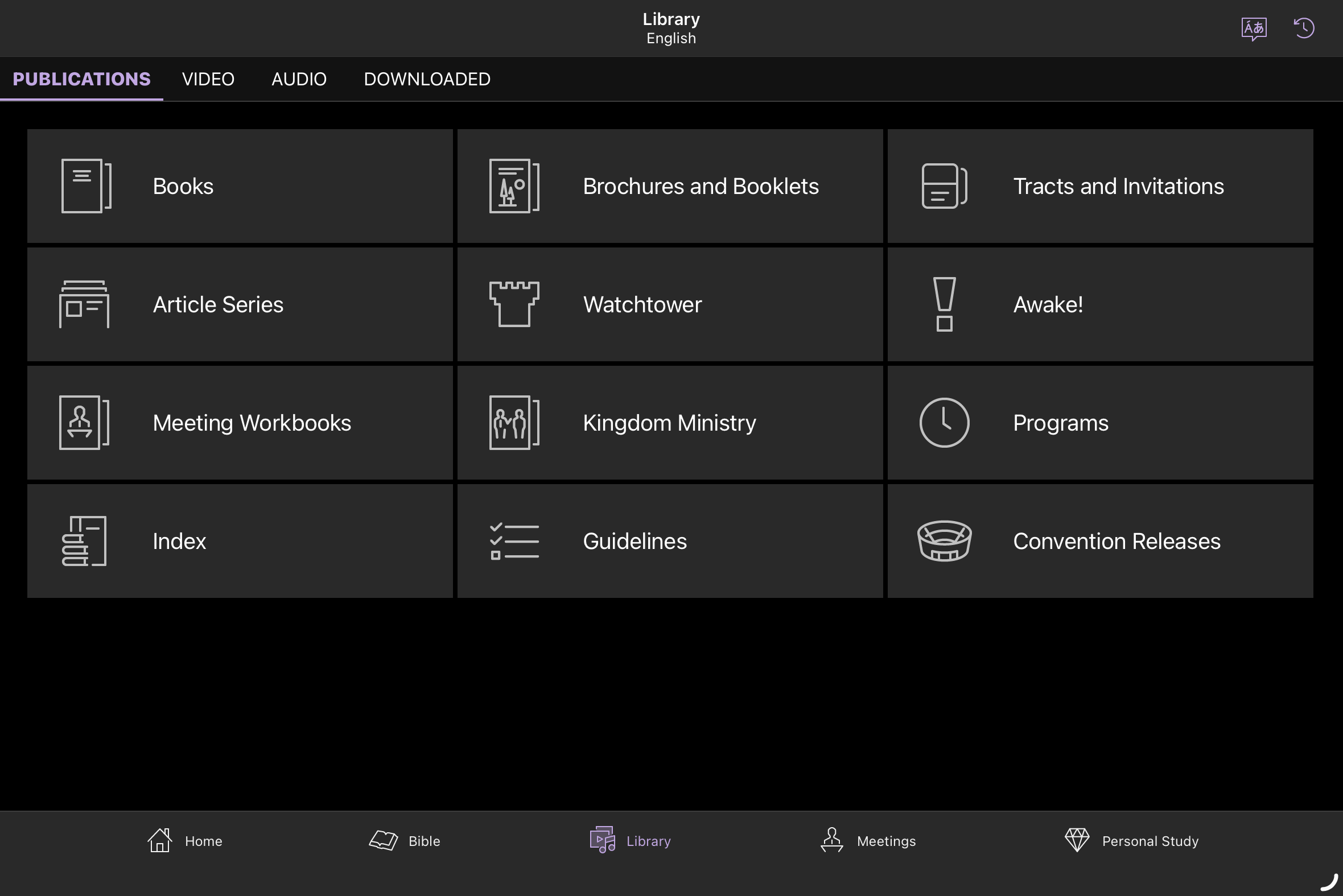 JW Library app, Library tab (iPad)