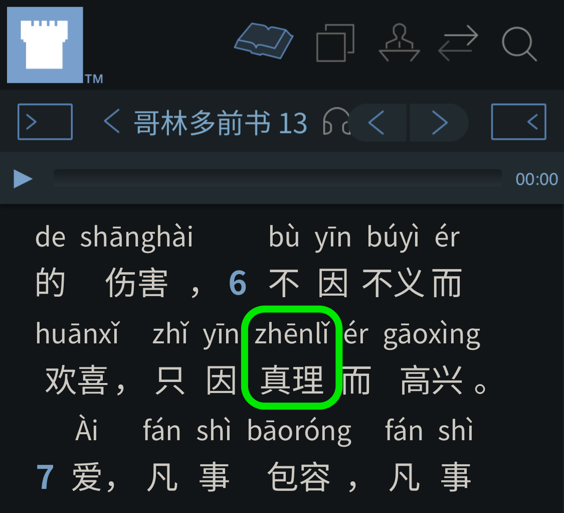 Screenshot of “_zhēnlǐ_” in 1 Co. 13:6 (nwtsty, CHS+_Pīnyīn_ WOL)