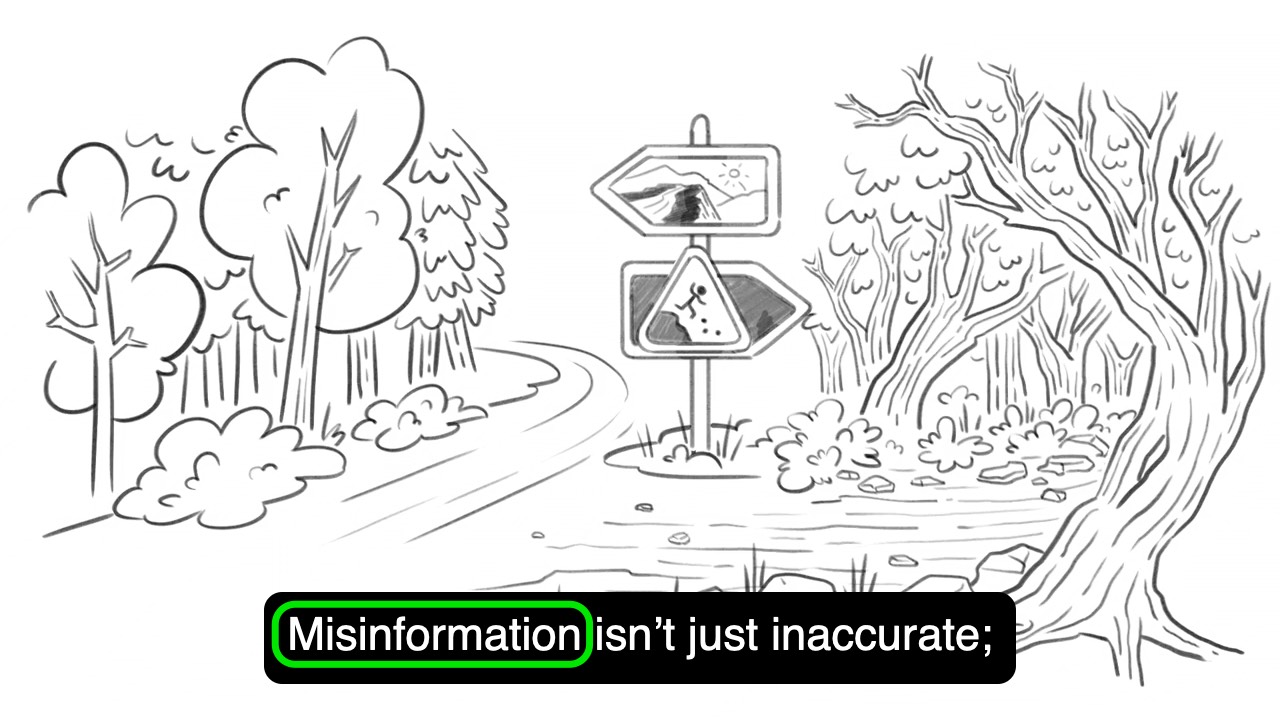 Screenshot from the video “Protect Yourself From Misinformation”, 0:32 mark, showing “Misinformation” in the subtitle